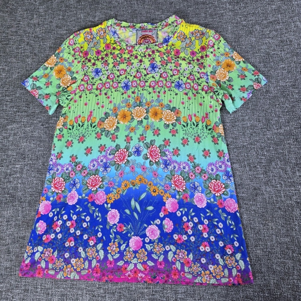 Johnny Was Rainbow Fields Womens Floral Ombre Bamboo Tee Green Blue Medium
